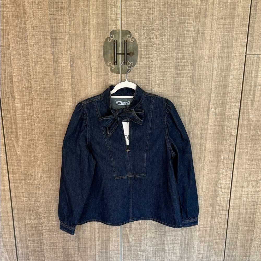 Zara Denim Blouse With Tie